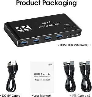 4K @60Hz USB 3.0 KVM 2x1 Switch HDMI, 2 in 1 Out HDMI2.0 KVM Switch for for 2 PC Sharing Keyboard and Mouse EDID / HDCP Printer, Support 4K 60Hz HDCP2.3, Hotkey, USB 3.0 Port, HDMI2.0 in/Out Port