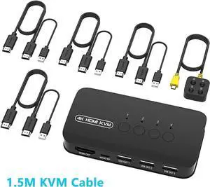 HDMI KVM Switch 4 Port, 3 x USB 2.0, 3xUSB HDMI Switcher for 4 Computers Supports 4K/2K @30Hz HDMI KVM USB Switch, with 4 HDMI KVM Cables and 1 Desktop Controller