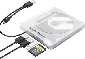 AUTYUE 7 in 1 External CD DVD Drive for Laptop with 4 USB Ports and TF/SD Card Slots, USB 3.0 Portable CD/DVD Disk Drive Player CD DVD Burner Reader Writer for Laptop PC Windows 11/10/8/7 Linux OS