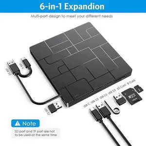 New Upgraded External DVD Drive for Laptop, USB 3.0 Portable CD/DVD +/-RW Drive/DVD Player with 4 USB Ports & 2 SD Card Slots & 1 Type-C Ports Maximum 24x CD Write/Read Speed for Notebook OS Windows
