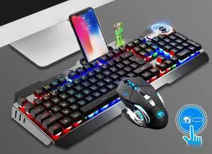 Rainbow LED Backlit Multimedia Ergonomic Usb Gaming Keyboard with a Phone Stand and Lighter Stand + Gaming Mouse for Laptop Computer