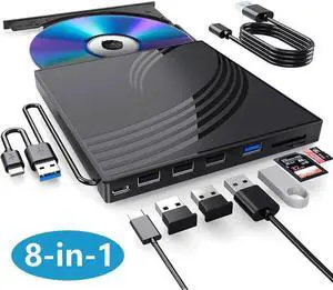 [8 in 1] External CD/DVD Drive for Laptop, USB 3.0 Ultra Slim External CD/DVD Player with 4 USB-A Ports, 1 Type-C Port, 2 TF/SD Card Slots, External CD/DVD Burner Compatible with macOS/Windows/Linux