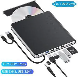 External CD DVD Drive [7-in-1], USB 3.0 & Type-C DVD/CD +/-RW ROM Drive Reader, CD DVD Burner Rewriter with SD/TF & 4 USB Ports, Slim Optical Disc Drive DVD Player for Laptop PC/Winodws/Linux/MacOS