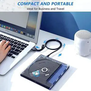 5 in 1 External CD DVD Drive, USB 3.0 & Type-C Portable CD DVD Burner with SD/TF Card Reader and 2 USB Ports, External Optical CD/DVD Drives for PC Desktop/Laptop/Linux/Mac/Windows 11/10/8/7 (Black)