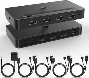 4 Port KVM HDMI Switch with Audio Microphone and 3 x USB Hub - 4K @60Hz 4 in 1 Out HDMI USB Switch Supports Keyboard Mouse with USB+HDMI Combo Cables x4|USB Power Cable|Wire Remote Switch
