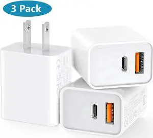 [3 Pack] USB-C Wall Charger, 20W Durable Dual Port QC+PD 3.0 Power Adapter, Double Fast Plug Charging Block for i-P-h-o-n-e 14/14 Pro/14 Pro Max/14 Plus/13/12/11, XS/XR/X etc.. (White)