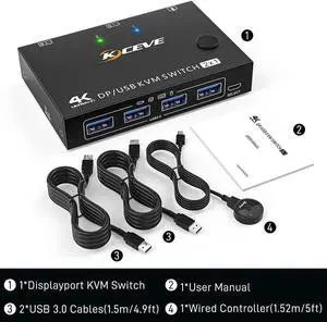 2 Ports Displayport KVM Switch Support 3440x1440 @144Hz,3840x2160 @60Hz for 2 PC 1 Monitor to Share 4 USB 3.0 Devices, USb 3.0 DP KVM Switch 2 in 1 Out Includes 2x USB 3.0 Cables and Wired Controller