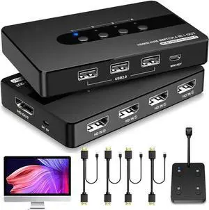 4 Port HDMI KVM Switch for 4 Computers 1 Monitor, 4 in 1 Out HDMI KVM Switches Support UHD 4K@30HZ with 3 USB 2.0 Port to Share Keyboard Mouse Printer, with Remote Control&Button Switch, Support EDID[