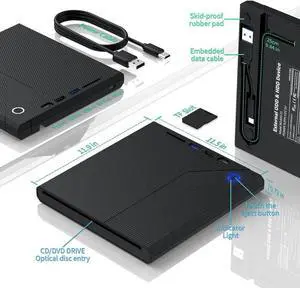 5 in 1 External CD/DVD Drive for Laptop, Slot in CD ROM Burner Drive, USB 3.0 Type C DVD Player Mute Portable CD/DVD Burner Writer External Disk Optical Drive Compatible with Windows, Linux, MacOS