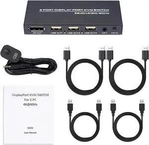 DisplayPort KVM Switch 2 Ports, USB Switch Share Monitor Keyboard and Mouse for Laptop, DP Display Port KVM Switcher Support 4K @60Hz, with 2 DisplayPort Cables and 2 USB Cables