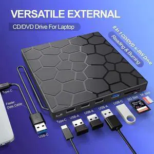 [8 in 1] External CD/DVD Drive for Laptop, USB 3.0 Type C Ultra-Slim Portable DVD Player for Laptop, CD ROM Burner Writer Optical Disk Drive Compatible with Laptop Desktop PC Windows Linux Mac OS