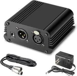 1Channel 48V Phantom Power Supply with Adapter BONUS+XLR 3 Pin Microphone Cable for Any Condenser Microphone Music Recording Equipment