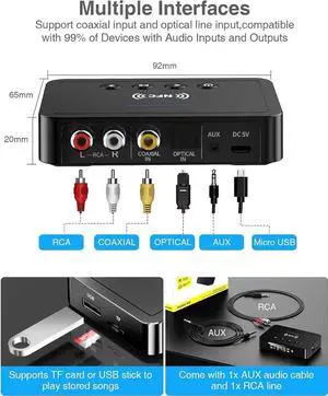 Bluetooth Transmitter, 3-in-1 Bluetooth 5.0 Transmitter Receiver Adapter, FM Transmitter with RCA/AUX Cable, Wireless Audio Adapter for Stereo System/TV/PC/Headphones/Speakers