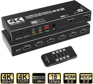 HDMI Matrix 4x2, 4K@60Hz HDMI Matrix Switch 4 in 2 Out with EDID Extractor and IR Remote Control, Support HDMI 2.0b, HDCP2.2, HDR10, Ultra HD, 3D