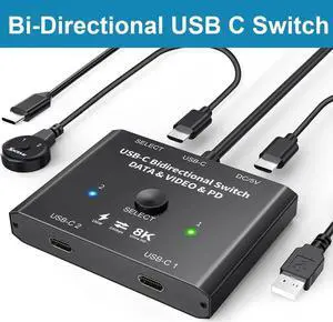 USB C Switch 2 in 1 Out or 1 in 2 Out, Bi-Directional USB Type C KVM Switch Support 8K @60Hz 4K @120Hz Video/10Gbps Data Transfer/100W Charging,Compatible with Thunderbolt Device