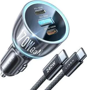LISEN 170W GaN Car Charger USB C Fast Charge PD3.1 140W 3 Port Super Fast Charging Car Charger Laptop for iPad Pro Air Cigarette Lighter Adapter Car USB C Charger for iPhone 15 Pro with Cable