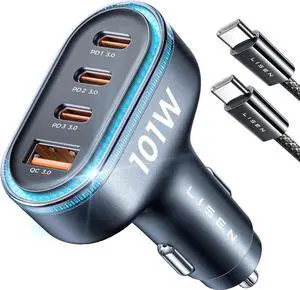 LISEN 101W USB C Car Charger 4 Port Super Fast Charging Car Charger Adapter PD3.0 & QC3.0 Cigarette Lighter Car USB Charger Multi Port with Cable,Compatible with iPhone 15 Pro Max 14 Samsung S24 iPad