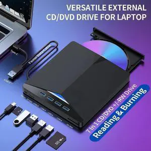 External CD/DVD Drive for Laptop - 7 in 1 USB 3.0 Type C Portable DVD Player, Portable CD/DVD Burner Optical CD DVD Drive, Compatible with Laptop, Desktop PC, Windows 11/10/8/7, Linux, Mac OS