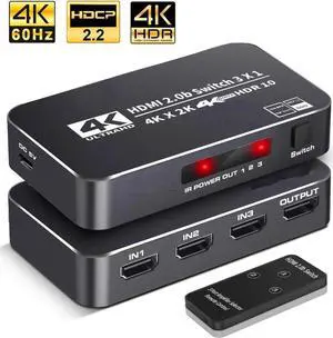 4K HDR HDMI Switch, 3 Ports 4K 60Hz HDMI 2.0 Switcher Selector with IR Remote, Supports Ultra HD Dolby Vision, High Speed (Max to 18.5Gbps), HDR10, HDCP 2.2 & 3D