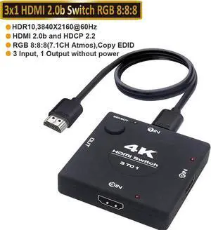 4K 60hz HDMI Switch, Upgraded HDMI Selector Switch Splitter 3 in 1 Out, 4K HDMI Switcher Supports Ultra HD, 1080P, 3D, HDR, HDCP 2.2, 3 Port HDMI 2.0 Switch for Gaming XBX/PS5/PC/Monitor/TV
