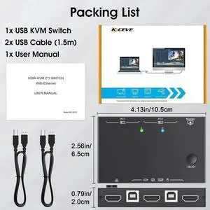 2 Port HDMI KVM Switch with Ethernet, HDMI KVM Switch 2 in 1 Out 4K@60Hz, HDMI KVM Switches for 2 Computers Share 1 Monitor and 3 USB Devices Keyboard Mouse, Ethernet Network KVM Switcher