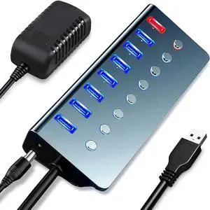 Powered USB Hub,LOBKIN 7-Port USB Hub 3.0 Powered | 1 Smart Charging Port | Multi USB Port Expander with Individual On/Off Switches and 5V/3A Power Adapter for Laptop,PC,Mac,MacBook Pro,PS4,TV
