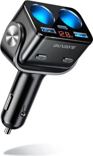 USB C Car Charger, BUVAYE 2-Socket Cigarette Lighter Splitter with 12V/24V Dual PD30W & QC3.0 Fast Charging, Cigarette Lighter Adapter Separate Switch LED Voltage Display for Phone, GPS, Dash Cam