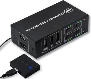 4x1 HDMI KVM Switch 4 Port,USB Switch 4 Computers Share with 1 Monitor HD 4K @60Hz One-Button Switch hdmi switch, 4 In 1 Out HDMI KVM Switcher with 4 USB Cable 1 Switch Button&Cable 1 Power Cable[4K H