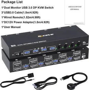 DisplayPort KVM Switch 4 PC 2 Monitors 8K@30Hz 4K@144Hz, Dual Monitor DP1.4 Displayport KVM Switch DP Monitor Switch with 4 USB 3.0 Ports for 4 PC/Laptops, with DP+USB Cable and Desktop Controller