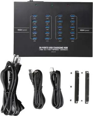 Powered USB Hub 3.0 20 Port USB 3.0 Hub - 5Gbps Sync & High-Speed Data Transfer Multiple USB Splitter with Built-in 5V 40A Power Adapter - Fan & Mounting Brackets for Phone MB Laptop Tablet PC - 110V