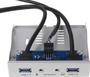 2Ports USB3.0 PC Front Panel Bracket 3.5 Floppy Bay 19Pin to USB 3.0 Hub HD Audio Earphone Mic Connector with Cable for Desktop (Silver White)