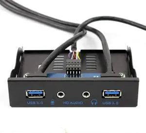 2Ports USB3.0 PC Front Panel Bracket 3.5 Floppy Bay 19Pin to USB 3.0 Hub HD Audio Earphone Mic Connector with Cable for Desktop (Black)
