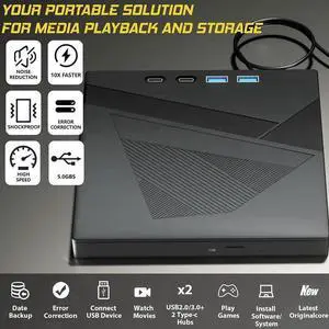 AUTYUE 7-in-1 External CD/DVD Drive for Laptop, USB 3.0 and Type-C Portable DVD Player CD/DVD +/-RW Burner,Reader Rewriter Writer Disk Duplicator Compatible with Windows XP/7/8/10, Linux MacOS