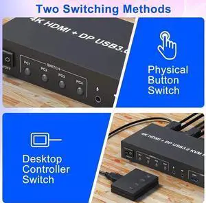 4K@60Hz Displayport + HDMI Dual Monitor KVM Switch 4PCs, USB 3.0 KVM Switch 2 Monitors 4 Computers, with Audio Microphone Output and 3 USB 3.0 Ports, HDMI+DP Monitor Switch for 4 PCs 2 Monitors