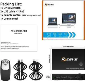 2 Port Displayport USB KVM Switch 2 in 1 Out, DisplayPort 2 Port DP Display Port KVM Switcher with 2.0 USB Hub Support 4K @60Hz (3840*2160) for Share Keyboard Mouse Monitor
