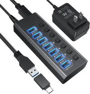Powered USB Hub, 7 Port 24W USB Hub 3.0 with 4*USB 3.0 Smart Charging, Individual On/Off Switches, 12V DC Power Adapter for Laptops, PC