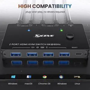 USB 3.0 HDMI KVM Switch for 2 PC 1 Monitor, 2 Port HDMI KVM Switch 8K @60Hz 4K@120Hz, Support Simulation EDID HDCP 2.3 HDMI2.1, Share USB devices like keyboard and mouse via 4 USB3.0 ports