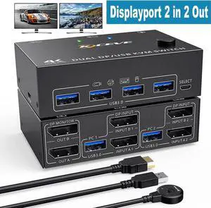 2 Port Dual Monitor DisplayPort KVM Switch 8K @30Hz 4K @60Hz, 2 in 2 Out Displayport KVM Switch for 2 PC 2 Monitors, KVM Switches with 4 USB 3.0 Ports, with DP + USB Cable and Desktop Controller