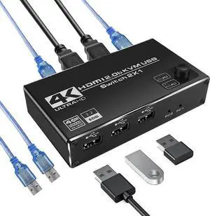 2 Port HDMI KVM Switch 2 in 1 Out, 4K @60Hz HDMI USB2.0 KVM Switch for 2 Computers 1 Monitor Share Keyboard Mouse Button Switch, Metal Case, Button & Hotkey Switch, With 2 USB Cables