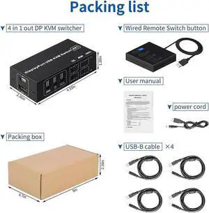 4 Port DisplayPort KVM Switch 3D UHD 4K@60Hz 4 in 1 Out USB and DP KVM Switcher for 4 PCs Share Keyboard Mouse Monitor and USB 2.0 Devices, with 4 USB Cables