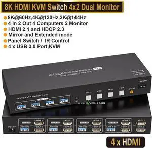 Dual Monitor HDMI KVM Switch 4 in 2 Out, 4K@120Hz 8K@60Hz HDMI USB KVM Switcher for 4 Computers 2 Monitors with 4X USB 3.0 Ports, Support Windows, MacOS, Linux, Unix