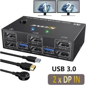 Dual Monitor DisplayPort 1.4 KVM Switch 8K@30Hz 4K@144Hz 2 in 2 Out, DP1.4 KVM Switch and 4 USB 3.0 Port for 2 Computers,Backnward Compatible DP1.2 with DP+USB Cables and Wired Controller