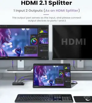 8K HDMI 2.1 Switch 4K@120Hz, Bi-Directional 2 in 1 Out HDMI Splitter Switcher with Remote, 8K@60Hz Aluminum HDMI Splitter 1 in 2 Out 48Gbps Ultra HD Compatible with PS5 Xbox Fire Stick