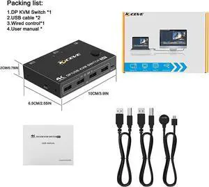 2 Port Display Port KVM DP Switch 2 in 1 Out, DisplayPort KVM Switcher Support 4K @60Hz Control Up to 2 Computers for Share Keyboard, Mouse, Monitor