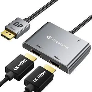 DisplayPort to Dual HDMI Adapter 4K@60Hz Display Port to HDMI 1 in 2 Out Splitter for Dual Monitor Extended Display DP Source to 2 HDMI Adapter with PC Graphics Card HP and More