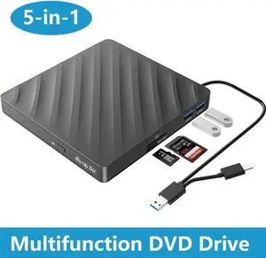 5 in 1 External Blu-ray CD DVD Drive, USB 3.0 Type-C Slim Optical Drive External Bluray DVD Burner with SD/TF Card Reader 2 USB 3.0 Hubs Compatible with Windows XP/7/8/10 MacOS Laptop and Desktop