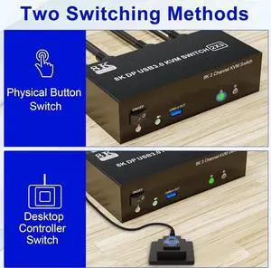 AUTYUE 8K@60Hz Displayport KVM Switch 3 Monitors 2 Computers 4K@144Hz, DP USB 3.0 KVM Switch Triple Monitor for 2 PCs Share 3 Monitors, RJ45 Ethernet Splitter 1 to 2, Audio Mic Port and 3 USB 3.0 Port