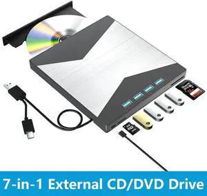 [7 in 1] External CD/DVD Drive for Laptop USB 3.0 & Type-C, Portable CD/DVD +/-RW Disk Drive, CD/DVD Burner CD ROM External Optical DVD Drive for Laptop Desktop PC Windows 7/8/10/XP Mac Linux