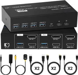 4K 120Hz HDMI + Displayport KVM Switch 2 PC 2 Monitor, 8K@60Hz DP 1.4 + HDMI 2.1 Dual Monitor USB 3.0 KVM Switch, Support Extended & Copy Mode, with Desktop Controller and 2 HDMI+DP+USB Cables