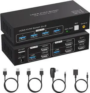 HDMI KVM Switch Monitors 2 Computers, 8K60HZ/4K120Hz KVM Switch Dual Monitors 2 Computers with 4 USB 3.0 Port, HDMI KVM Switch 2 Port Support Button and Remote Switch, 2 PC Sharing 4 USB Devices